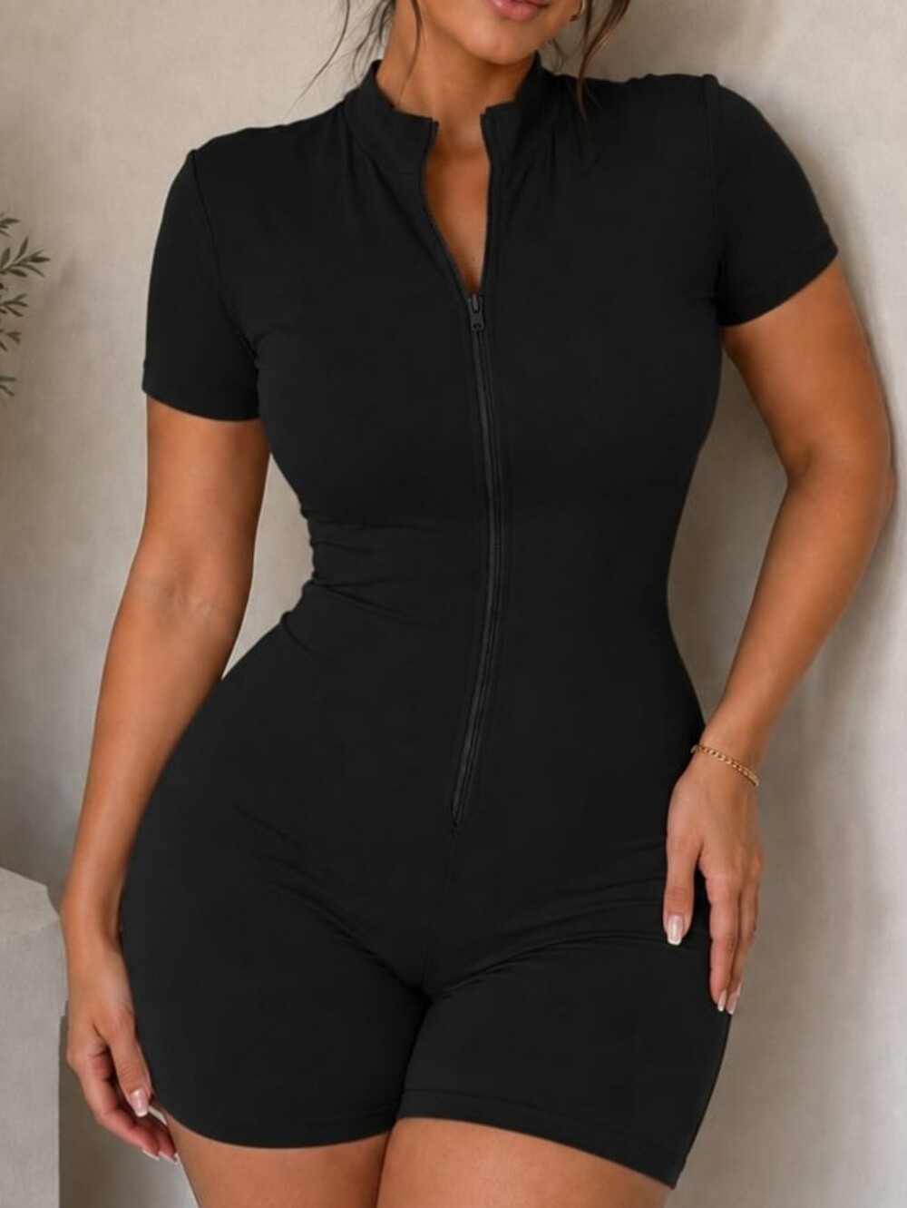 Black Short-Sleeve Zip Front Romper